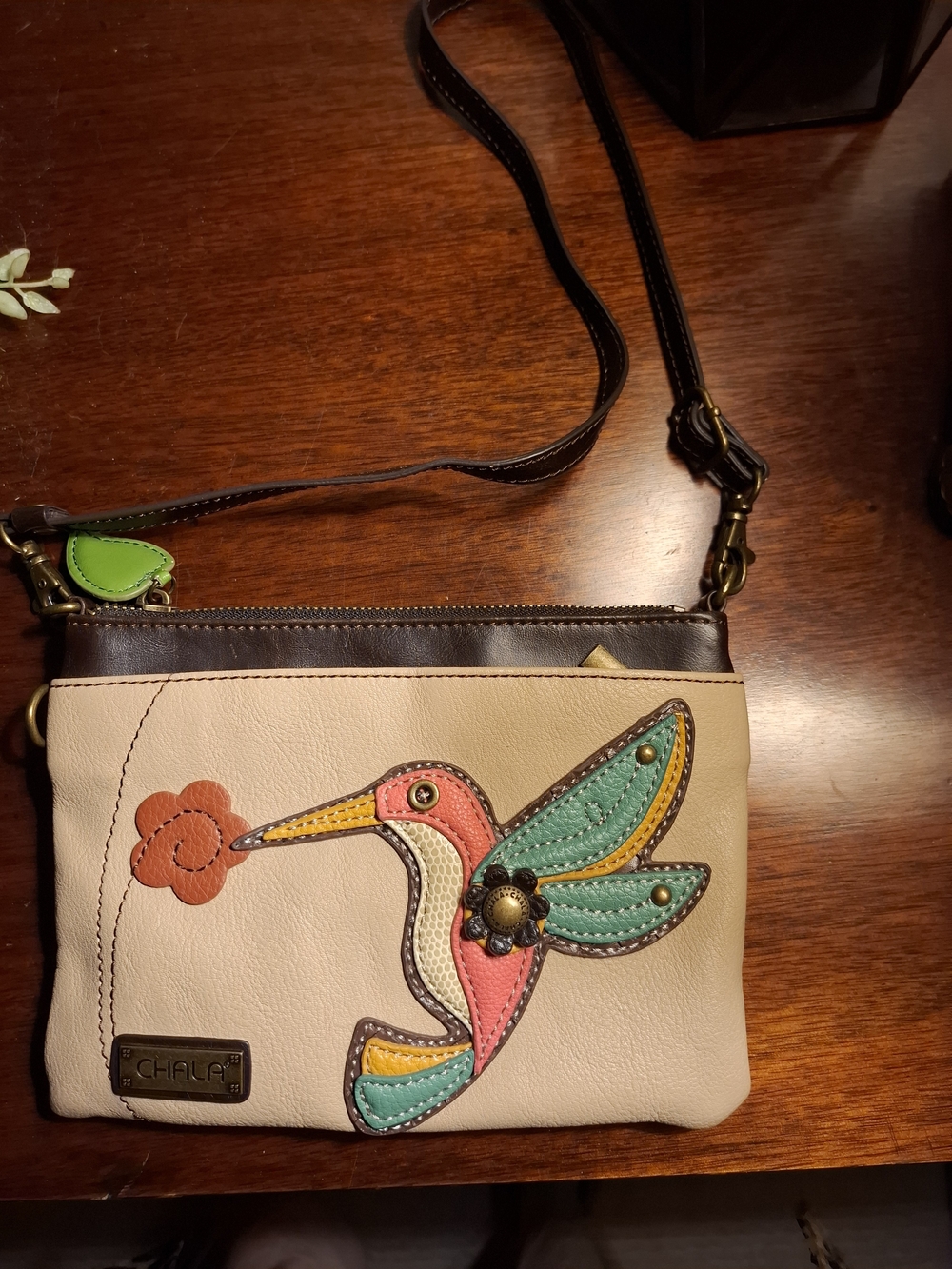 Chala Beige Crossbody Bag with Colorful Hummingbird Appliqué